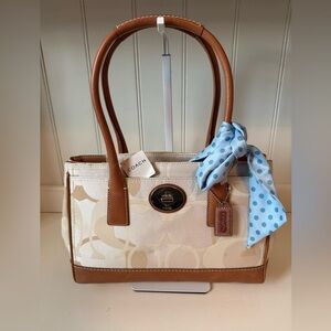 Coach Canvas Leather Brown and Cream Handbag with Blue Scarf NWT
